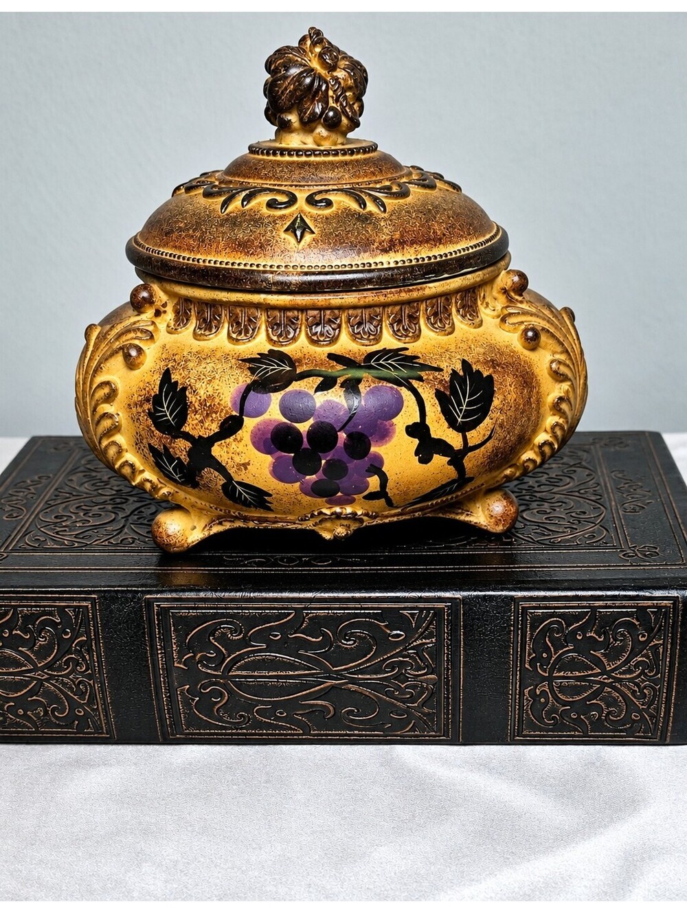 Tuscan Grape Lidded Jar Resin Gold Purple Vineyard Old World Decorative Urn